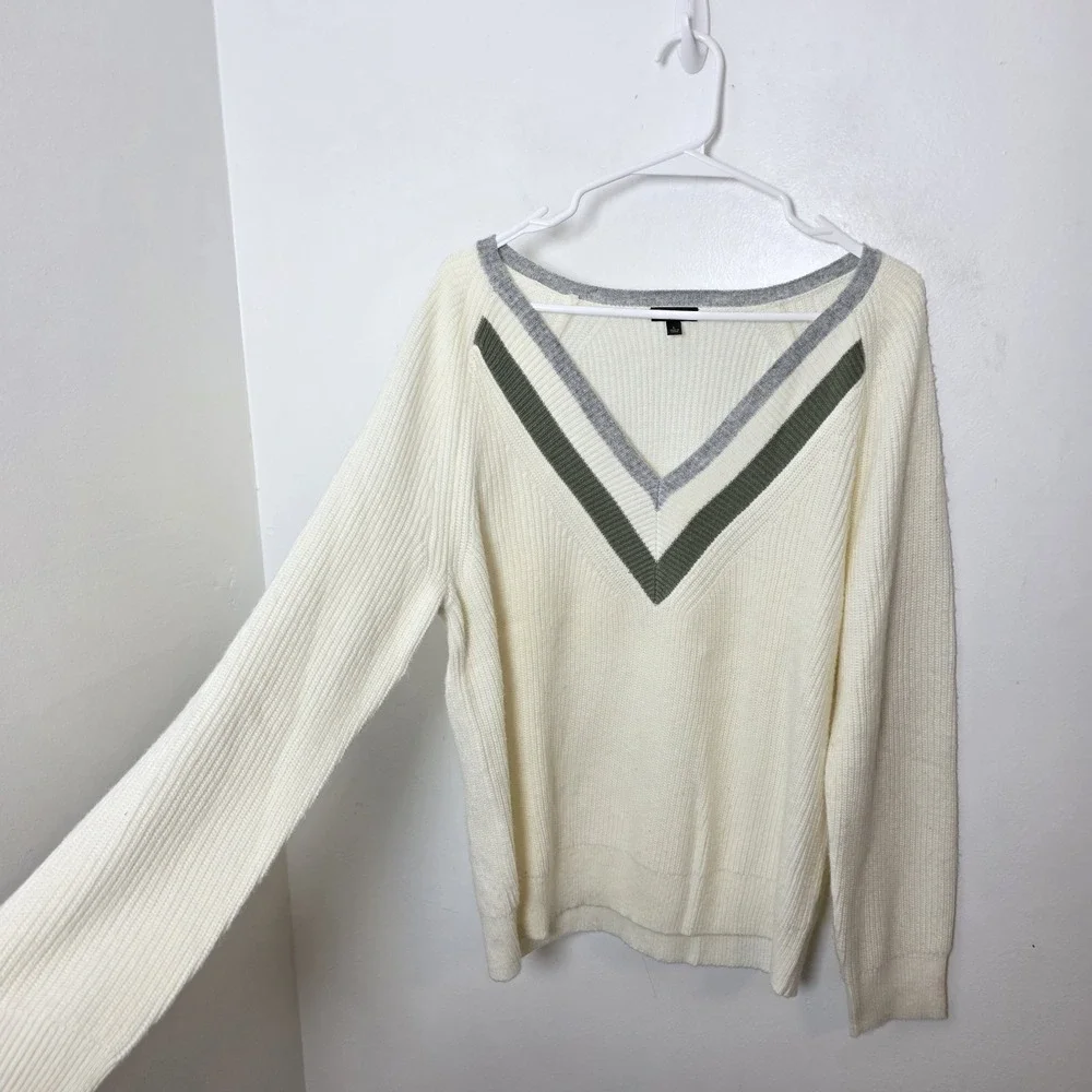 Talbots Cream Colorblock Preppy Classic Soft Business Casual V-Neck Sweater Sz L